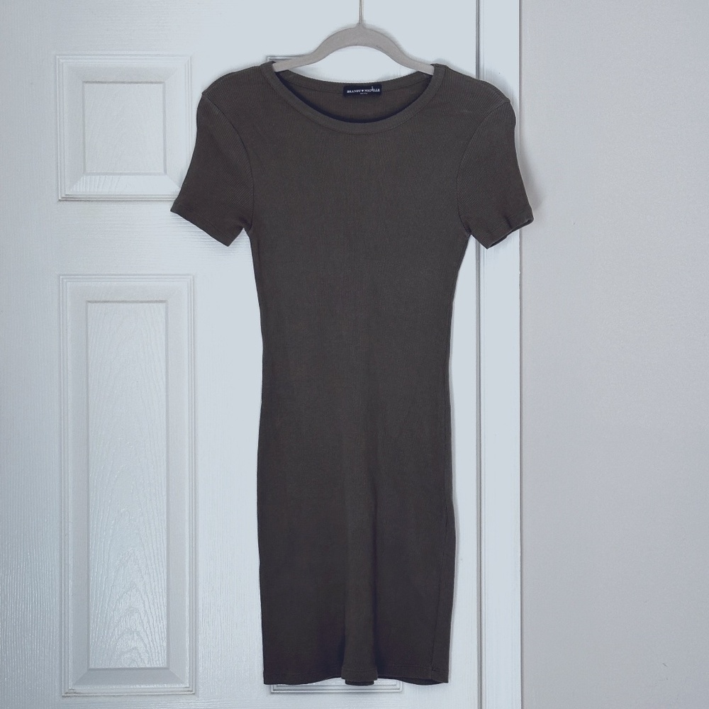 Brandy Melville Janelle Ribbed Bodycon Dress One Size Olive Green Cotton Crew